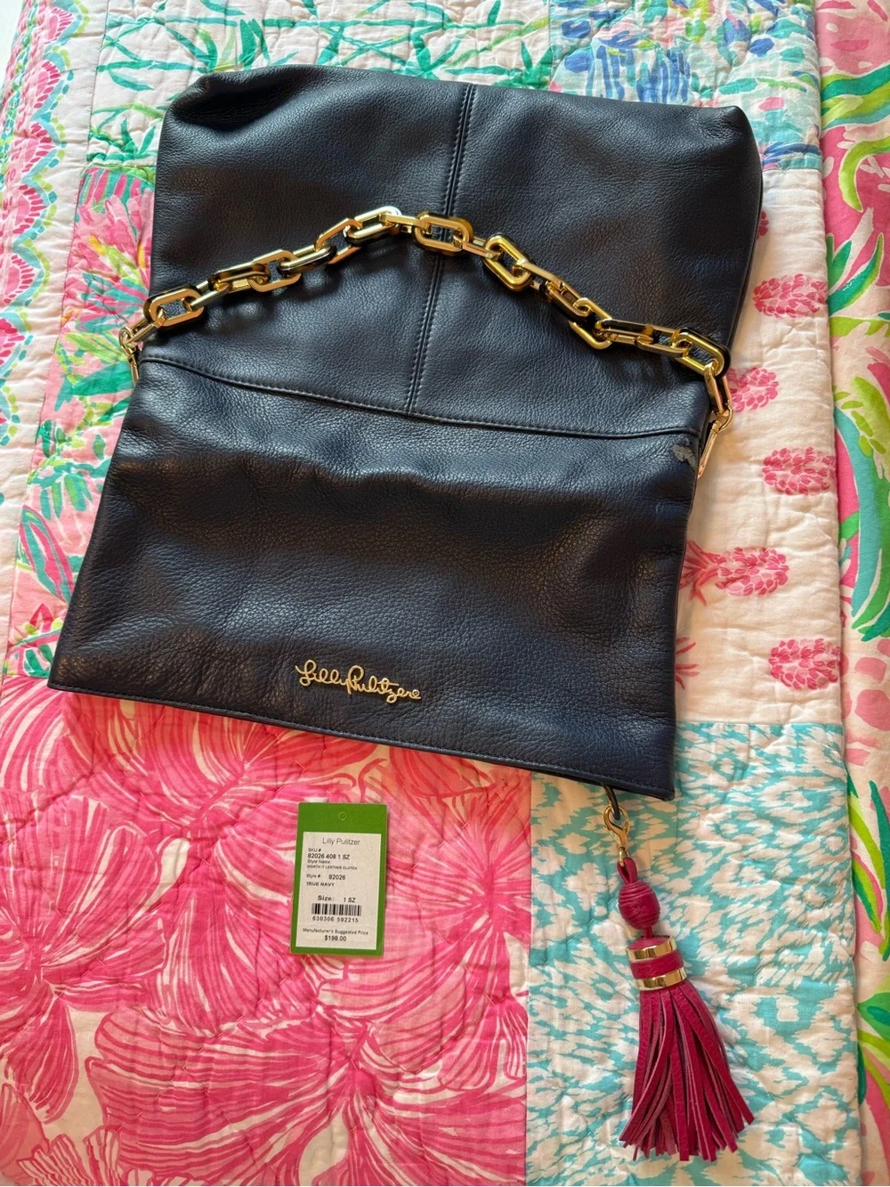 NWT Lilly Pulitzer Navy Leather Shoulder Bag with Pink Tassel